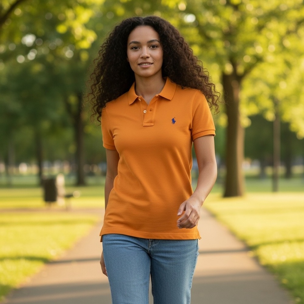 Polo Ralph Lauren‎ Orange Skinny Fit Shirt Blue Pony Short Sleeve Pique Junior L